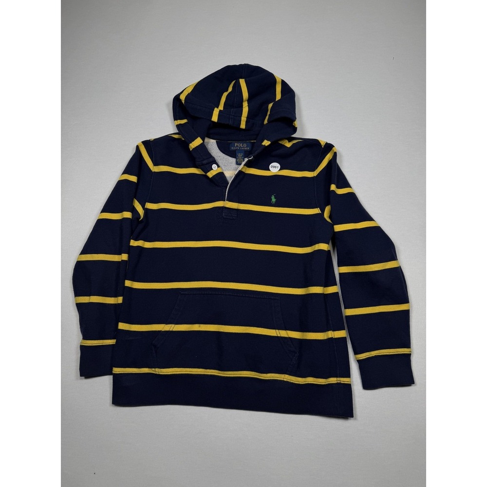 Polo Ralph Lauren‎ Hoodie Boys 14-16 Blue Striped Henley Knit Kangaroo Pocket
